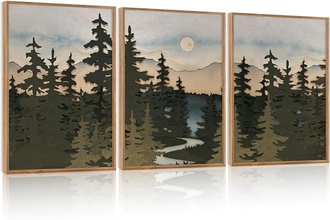 HPNIUB Woodcut Style Mountain Framed Wall Art Set,Vintage Pine Tree Wall Decor,Boho Sunset Nature Art Print,Wilderness Forest Artwork for Living Room, Bedroom,Dining Room,Office-16''x24''x3