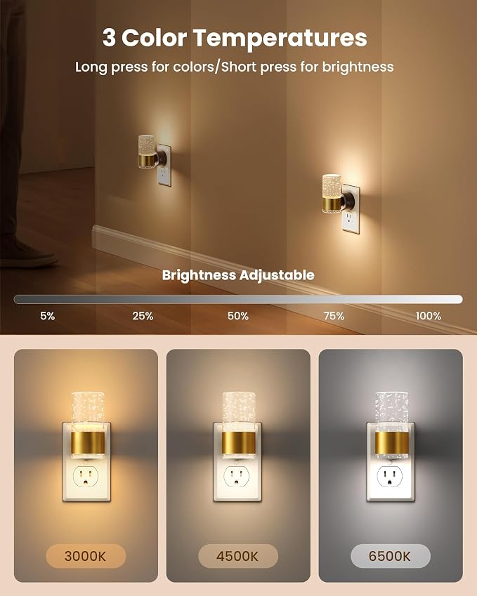 VOLISUN LED Night Lights Plug into Wall, Dimmable Night Light 3 CCT & 5 Brightness Levels, Acrylic Bubble Nightlight with Dusk to Dawn Sensor for Hallway, Bathroom, Stair, Nursery Gold 6 Pack