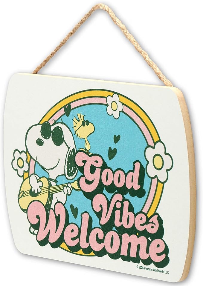 Peanuts Snoopy Good Vibes Welcome Hanging Wood Wall Decor - Fun Snoopy Sign for Home, School or Office