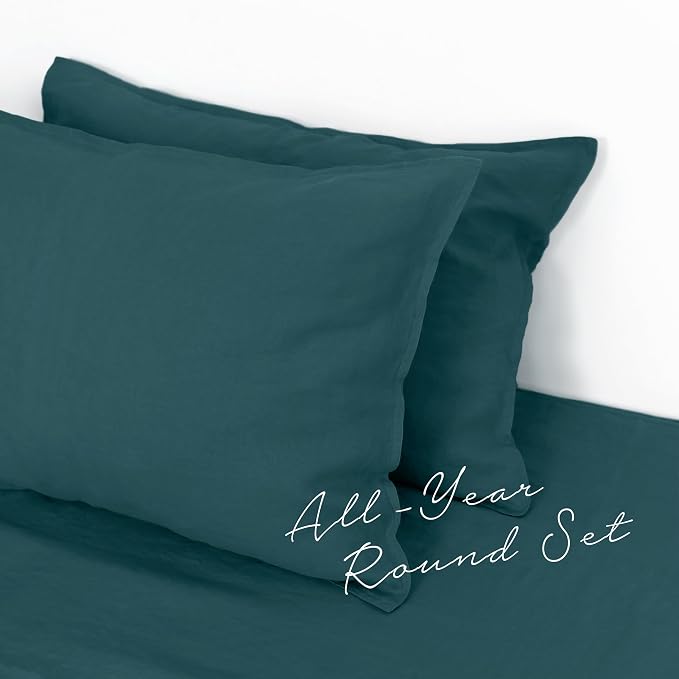 Linen World Linen Pillow Cases King Size - 20"x40" Set of 2,100% French Flax Pillowcase,Soft Breathable Natural Pillow Covers,Midnight Green