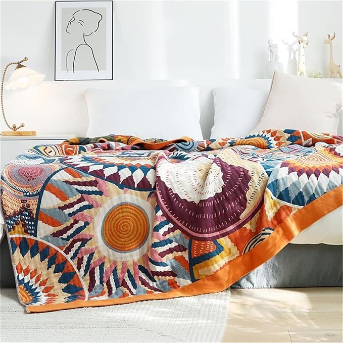 MSGKV Boho Throw Blanket for Bed 60"x80" 100% Cotton Couch Twin Size Blanket Summer Breathable Lightweigh Blankets Home Decor Muslin All Seasons