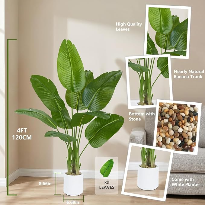 Pack 2 Artificial Bird of Paradise Plant 4FT Fake Palm Tree Feaux Plants in White Pot Artificial Tree Fake Plant for Indoor Outdoor Modern Decoration for Home Living Room Office