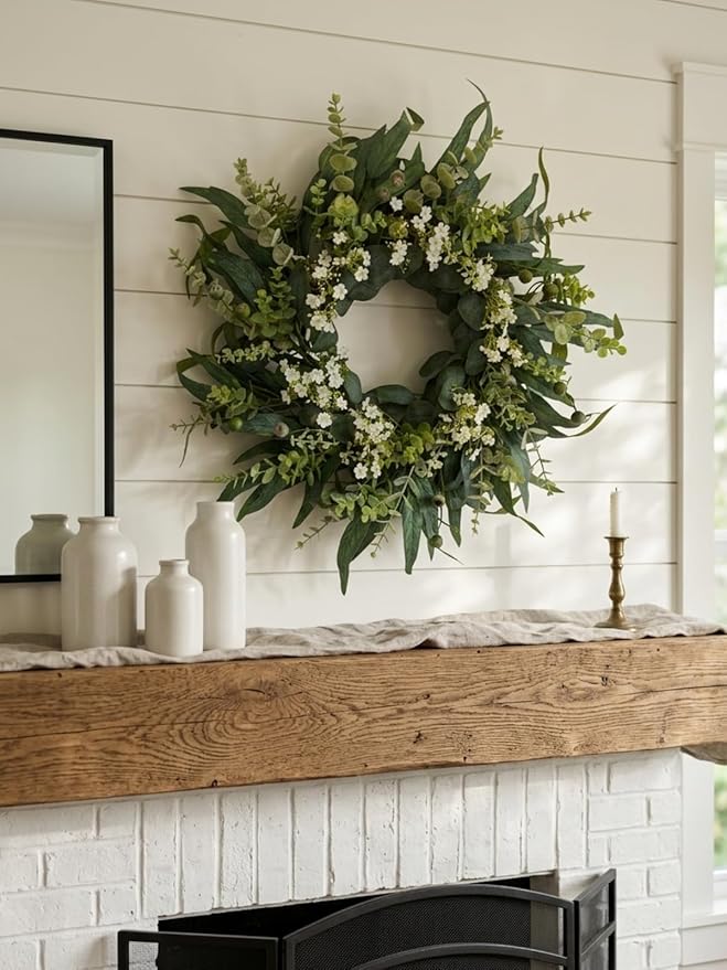 26" Eucalyptus Wreath for Front Door, Full Greenery Wreath with Baby’s Breath, Farmhouse Door Wreath, Year Round Spring Summer Wreath, Indoor Outdoor Home Decor