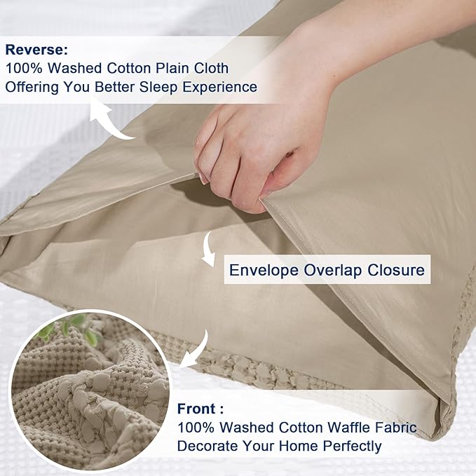 PHF 100% Cotton Waffle Pillow Shams King Size, 2 Pack 20" x 36" Soft Skin-Friendly Pillowcases, No Filling, Aesthetic Woven and Breathable Waffle Weave Pillow Case Covers for Bed, Simply Taupe