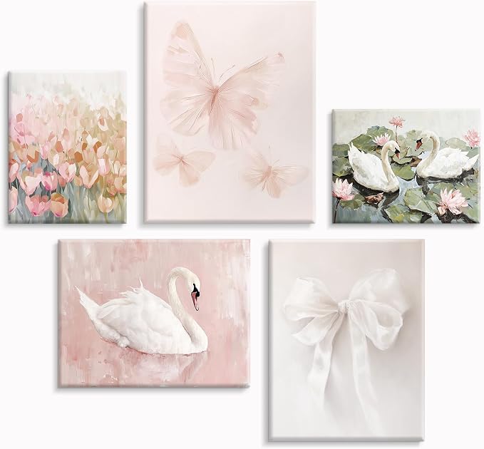 Coquette Pink Wall Art Decor Aesthetic Swan Posters Bow Flower Canvas Wall Art Preppy Cute Pictures Trendy Butterfly Posters Coquette Aesthetic Prints for Girl Dorm Room Bedroom 8x10x5 Inch Framed
