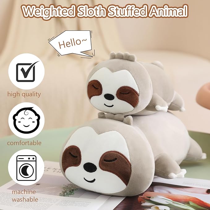 SQEQE Weighted Sloth Plush, Weighted Sloth Stuffed Animal, Cute Plushies Pillow Toy Gift for Kids Adults Brown 13.8 Inch, 1.6 Lbs