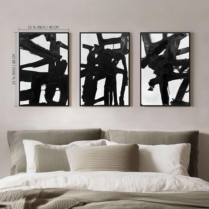 SAFERRYHOME Black And White Abstract Textured Wall Art, 3 Pieces Modern Canvas Prints Paintings, Minimalist Wall Decor Picture, Black Line Stroke Artwork for Living Room, Bedroom, Office, 16"x24"