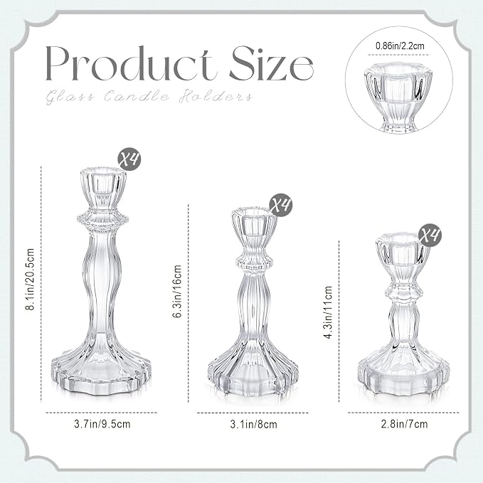 Mumufy 12 Pack Glass Taper Candle Holders Clear Candlestick Holder Fit 0.8 Inch Candles 4'' 6'' 8'' Tall Crystal Decorative Candlestick Stand Centerpiece for Table Wedding Dining Party (Classic)