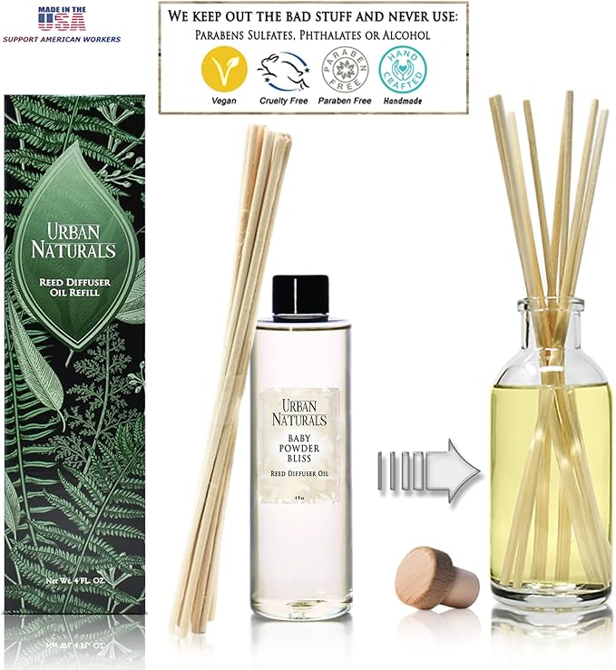 Urban Naturals Reed Diffuser Oil Refill, Baby Powder Bliss Diffuser Oils with Rose, Geranium, Cedar, 4 oz + Free Reed Sticks, Made in the USA