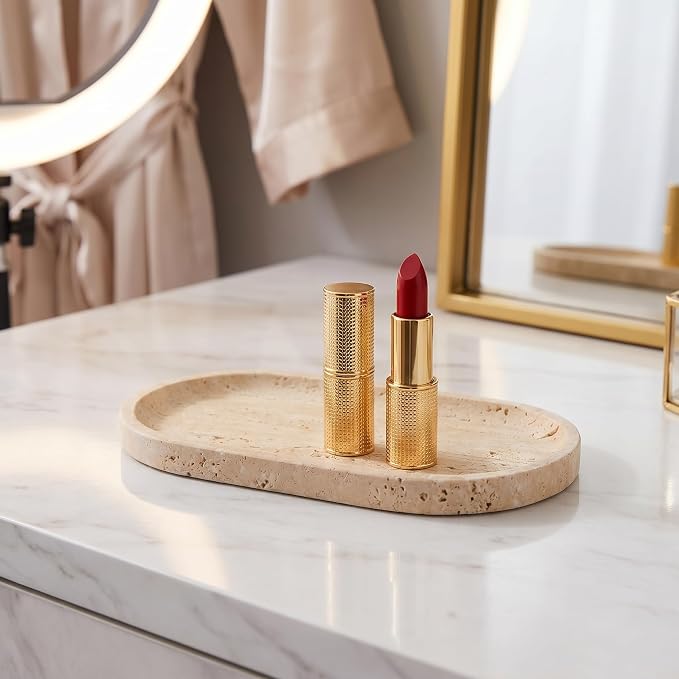 YKAJO Yellow Travertine Oval Marble Tray, 9.8x4.7 Vanity Perfume Organizer | Honed natural stone; jewelry & trinket dish, ring & key holder, soap & candle catchall; bath counter, dresser, coffee table