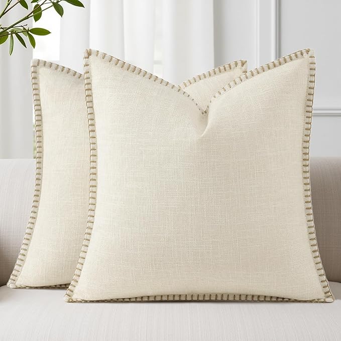 decorUhome Summer Decorative Throw Pillow Covers 16x16 Set of 2 Square Faux Linen Farmhouse Pillow Covers with Stitched Edge Outdoor Neutral Pillow Covers for Couch Sofa Living Room, Cream White