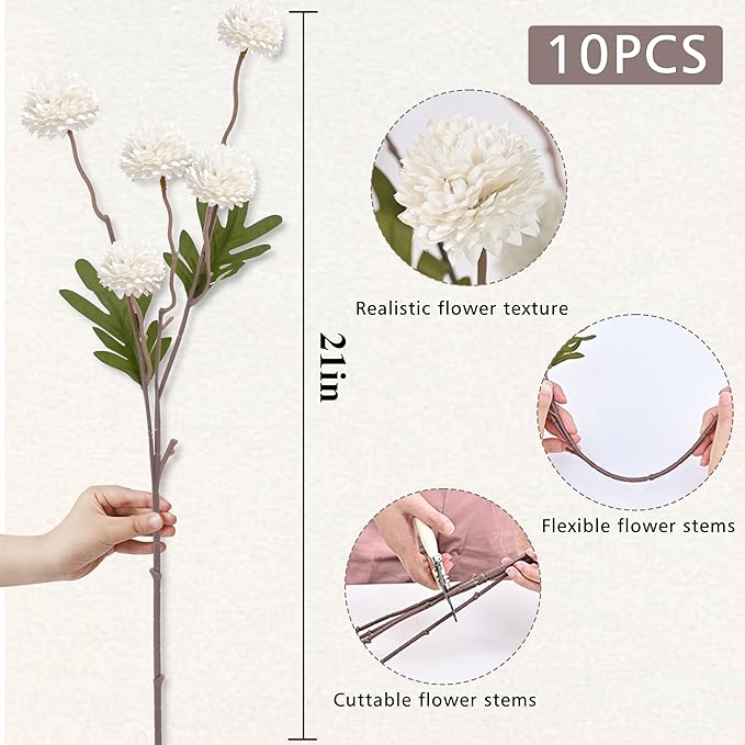 Waipfaru 10pcs Fake Silk Pompon Mum Artificial Flowers, Bulk Faux Mini Chrysanthemums, for Centerpieces Wedding Fillers Champagne Arrangements Shower Decorations, White