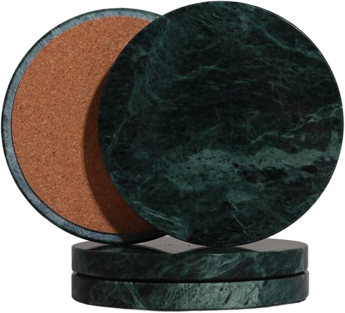 Green Marble Coasters Set of 4, Natural Stone Drink Coasters 4 Inch Round, Non-Slip Cork Bottom, Heat & Water Resistant, Protects Table Surfaces, Elegant Home Decor — Housewarming Gift
