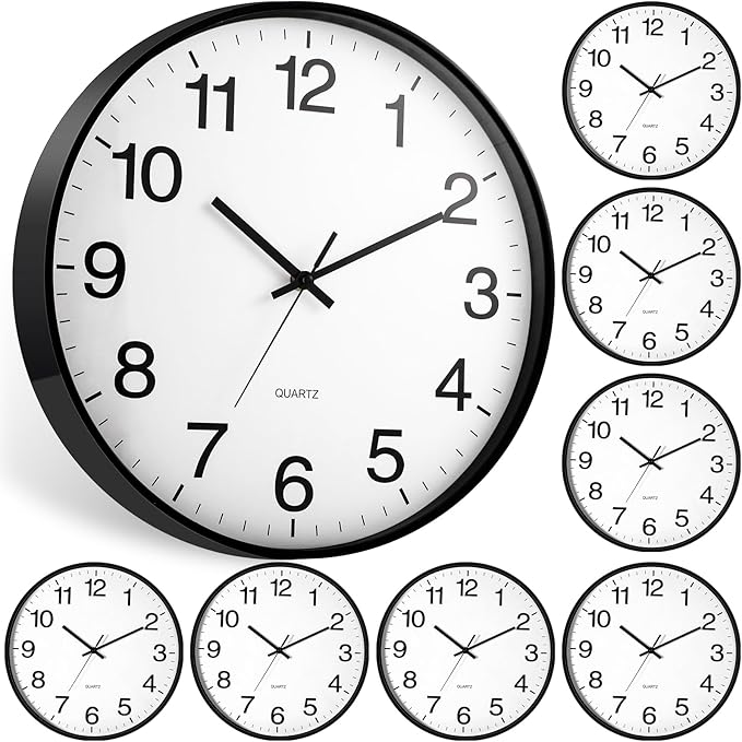 Inbagi 8 Pcs Wall Clock Large Silent Battery Operated Wall Clocks Modern Non Ticking Clocks Bulk Decorative for Kitchen Office Living Room Home Bathroom Bedroom Classroom (Black,14 Inch)