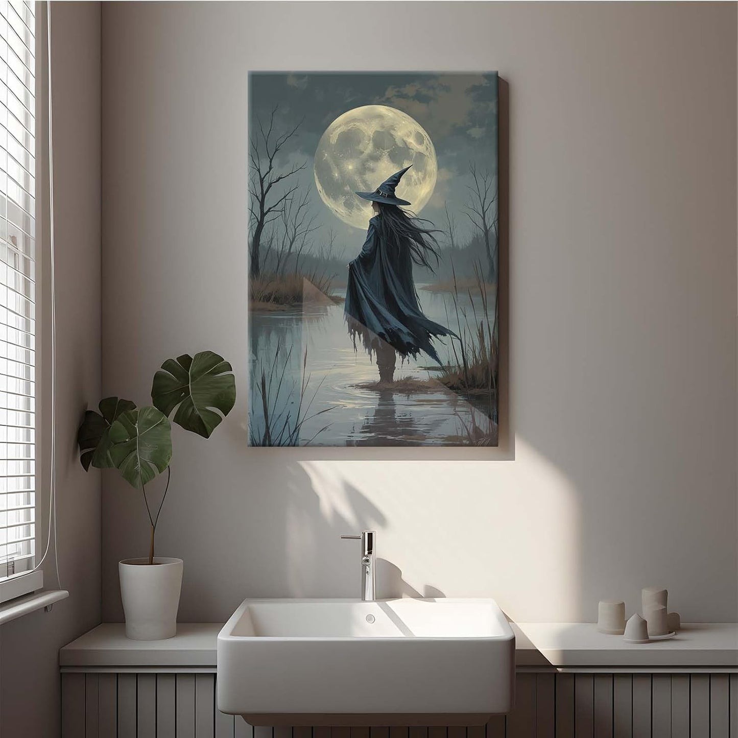 Witch in the moonlight magic canvas wall art enchanting Halloween home decor swamp witch silhouette oil painting mysterious gothic aesthetic wall decor print poster8x12in Wood Framed
