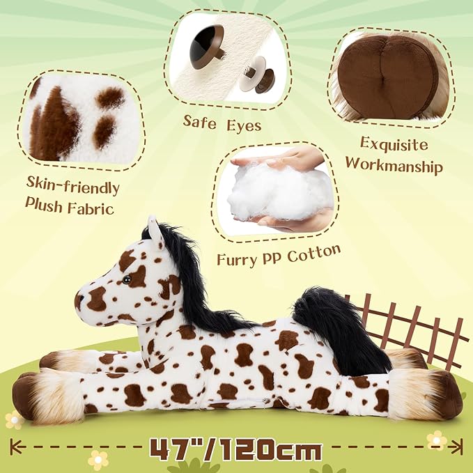 MaoGoLan 47" Giant Horse Stuffed Animal Plush Pillow - Appaloosa Spotted Stuffed Horse Toy for Girl Boy Kid, Ridable Cuddly Stuffed Pony Spotted Horse Plush for Birthday Gift, Baby Shower Party Decor