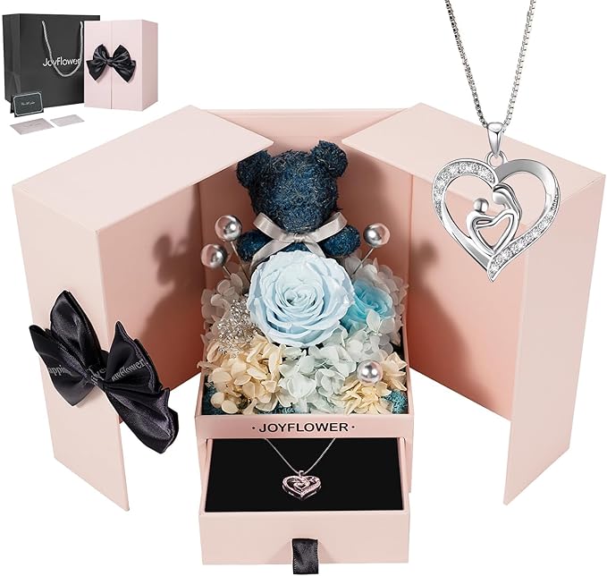 JoyFlower Preserved Flowers with Necklace Gifts for Mom, Unique Pearl Rose Eternal Flower Bear with Necklace Gift for Grandma, Preserved Real Blue Roses Birthday for Mother Grandma