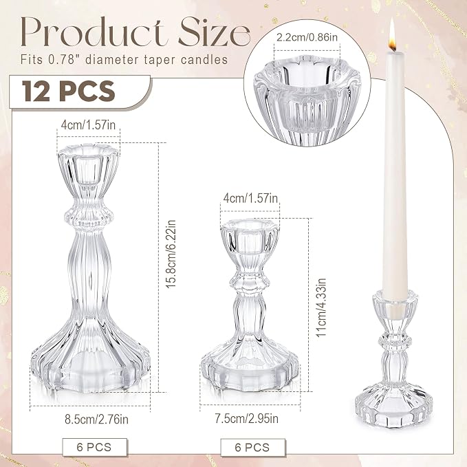 12 Pack Glass Candlestick Holders Set 4.3/6.1'' Taper Stripe Candle Holder Bulk Floral Shape Crystal Decorative Candle Stand Centerpiece for Table Wedding Dining (Clear)