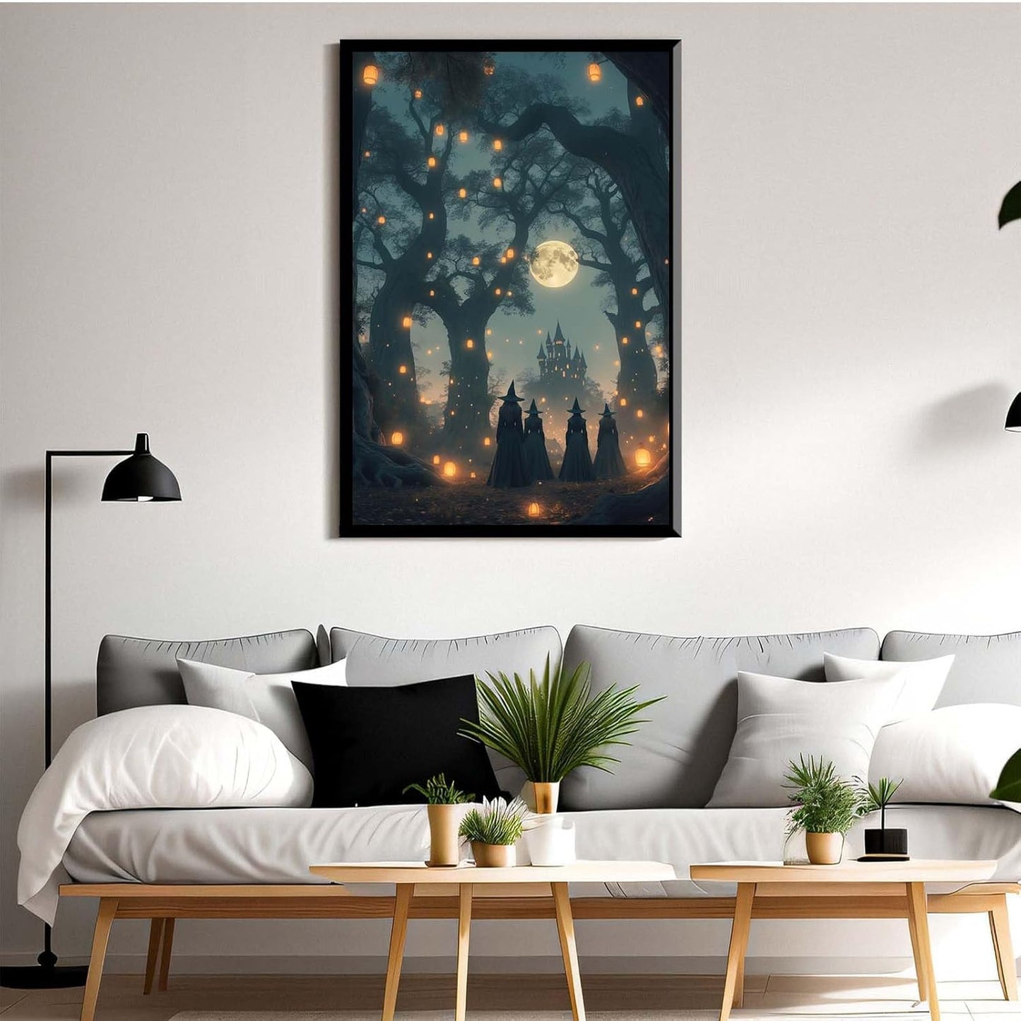 JFHCQJPK Mysterious creek painting witch and castle in magic forest art print canvas gothic print dark college decoration poster for home bedroom24x36in Metal blackFramed