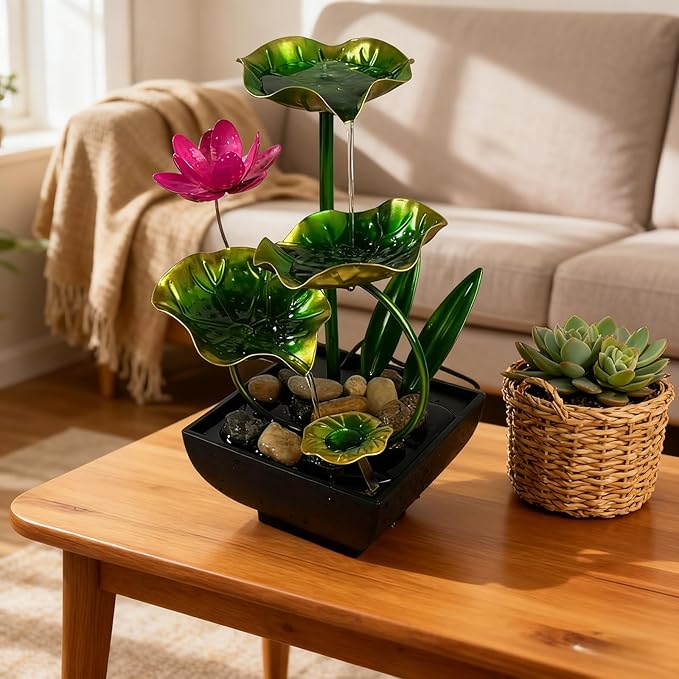 AOZITA Tabletop Fountain, Indoor Waterfall Fountain, Tall Home Décor Zen Relaxation Soothing Sound Machine for Office, Living Room, or Bedroom, Green Metal Lotus with Flower, River Rocks, LED