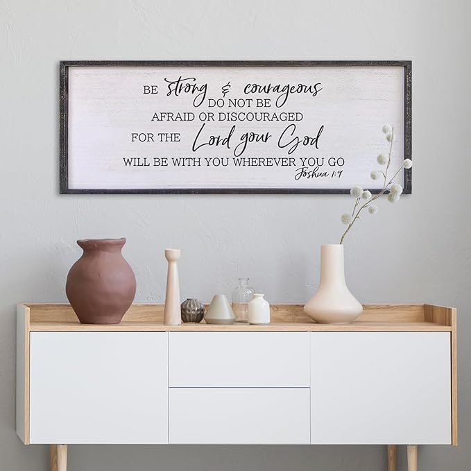 Be Strong And Courageous Sign Wall Decor 32"x12" Large Farmhouse Living Room Plaque Joshua 1:9 Bible Verse Inspirational Quote Positive Faith Home Hanging Rustic Catholic Scripture Christian Art (Black)