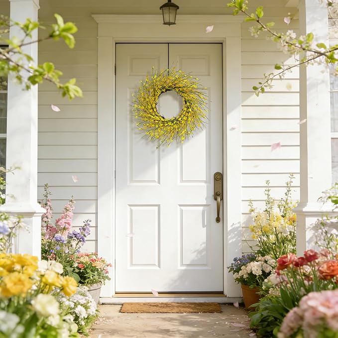 Bibelot 20inch Artificial Forsythia Flower Wreath, All Year Around Wreath for Front Door, Wedding Window Home Wall Indoor Front Door Decor (Yellow, 20in)