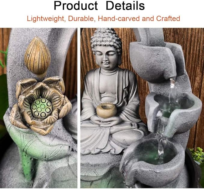 Buddha Tabletop Waterfall Fountain Fengshui Meditation Relaxing Indoor Decoration, Waterfall Kit with Circular Water Flow for Home, Office, Bedroom Decoration