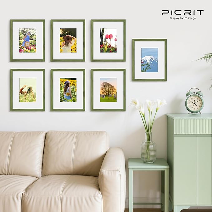 Picrit 8x10 Picture Frame Set of 12, Display 5x7 with Mat or 8x10 without Mat, Photo Frames for Wall Mounting or Table Top Display, Green Wood Grain