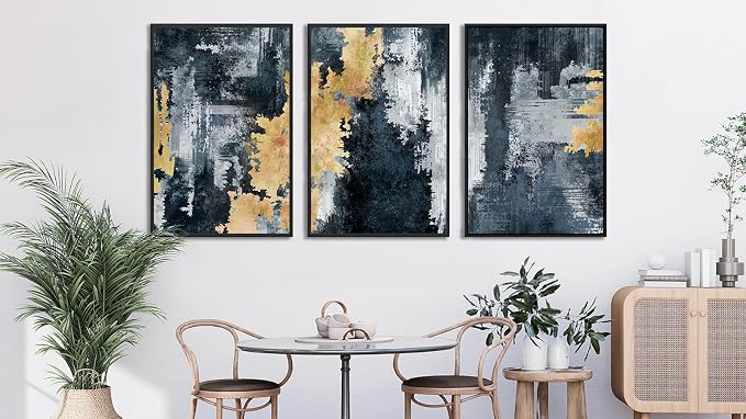 Large Framed Abstract Wall Art - Natural Frame Retro Canvas Pictures for Living Room Modern Canvas Prints Navy Blue for Bedroom, Black Float Frame Art for Home Office Kitchen Decor 24" X 36" X 3pcs