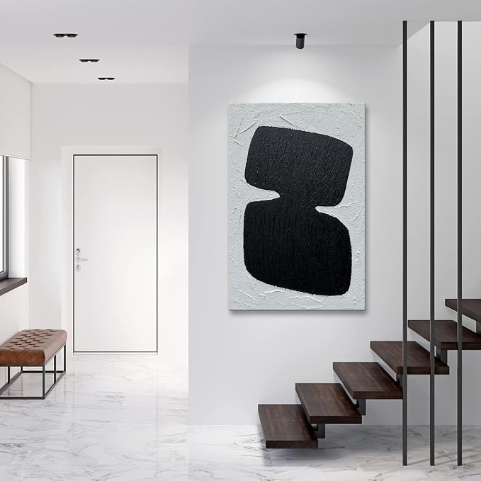 zoinart Hand Painted Black and White Textured Wall Art 24x36 Inches Decorative Oil Paintings on Canvas Abstract Contemporary Art Minimalist Wall Decor