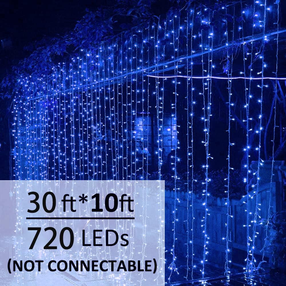 Solhice LED Curtain Lights Outdoor 30ft x10ft Blue, 720 LEDs 8 Modes Christmas Lights Plug in Window String Lights Indoor, Twinkle Lights for Patio Wedding Bedroom Party Decor (Not Connectable)