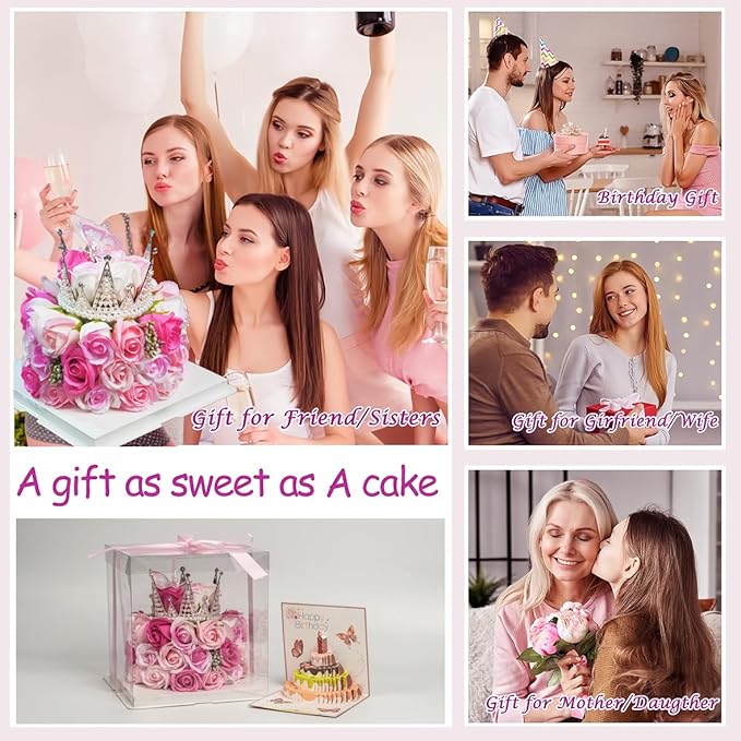 Eightown Forever Cake with Pink Preserved Flowers - Bouquet Preserved Roses for Women - Birthday Gift for Her with Crown (Hotpink & butterfly)