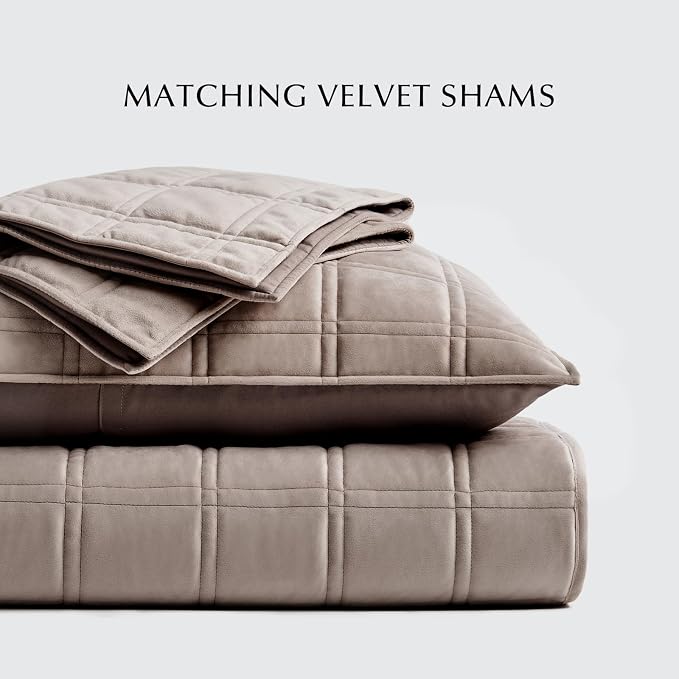 EverGrace 3 Pieces Luxurious Velvet Quilt Queen Size, Ultra Soft Bedspread Coverlet Set, Double Box Stitch Lightweight Velvet Comforter for All Season with 2 Shams, Truffle Taupe, 92"x96"