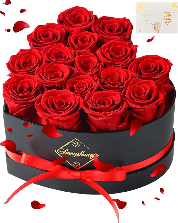 Changshunqi 16 Flowers Forever Preserved Roses in Heart Box, Preserved Flowers for Delivery Birthday Gifts Women Anniversary Forever Flowers for Mothers Gift Real Rose Forever Gifts for Women Mom Wife
