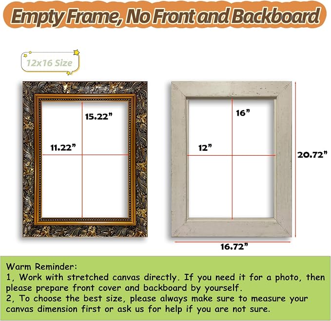 Akfado Open Back Canvas Frame for 12x16 Oil Paintings Art Prints, 2.36” Wide Baroque Ornate Gold Frame for Portrait Landscape Classroom Artwork, Art Lover Wedding Gift (No Front Cover & Backboard)