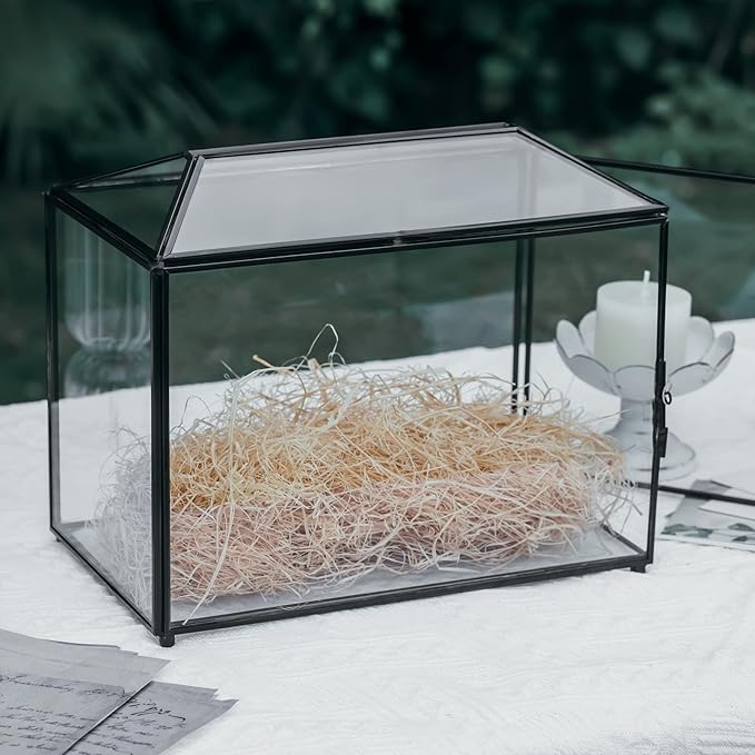 NCYP Small Wedding Glass Cards Box with Slot and Lock, 10.2 x 5.9 x 7.9 Inch, Black Geometric Cards Holder for Birthdays Party Reception, Wishing Well - Slot Length 6.3'' (Glass Box Only)