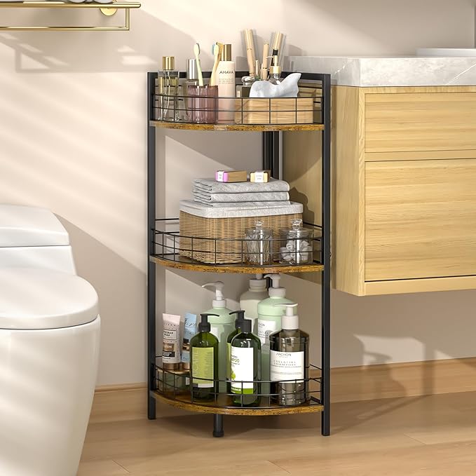 DAOUTIME Bathroom Standing Shelf, 3 Tier Corner Stand, Free-Standing Shelf Units, Triangular Curved Corner Shelf Stand for Small Space, Ideal for Bathroom,Kitchen,Vanity Storage and Organizer