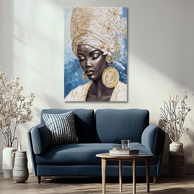 Dolidoteart Blue Gold Black Woman Wall Art, African American Canvas Print Wall Decor for Living Room Bedroom Office, Modern Portrait Artwork, 24x36 Inch