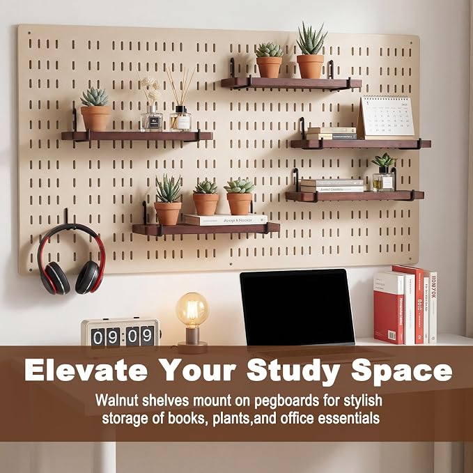 Novabright 10 Pcs Walnut Color Pegboard Shelves Set with Metal Brackets Hooks 11.8 x 4'' Wall Wooden Pegboard Shelving Heavy Duty Accessories for Crafts Office Garage, Compatible with IKEA Skadis