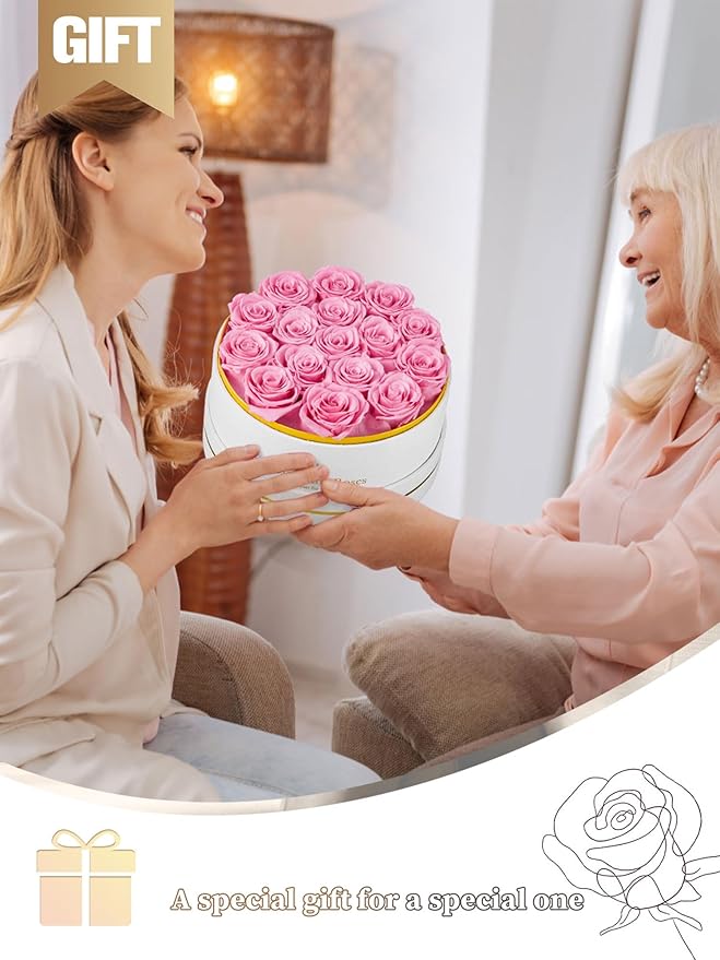 16 Preserved Roses Forever Flowers Real Roses in a Box Mother's Day Birthday Flowers for Her Mom Women Wife Valentine's Day, Pink Roses