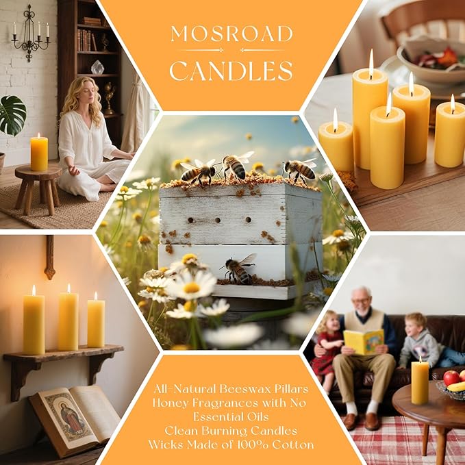 2x5 Inch Beeswax Candles, 4 Packs, Natural Beeswax Pillar Candles, 52 Hours Burn Time, Pure Emergency Candle Long Burning for Home Decor, Gift Sending, Smokeless & Dripless