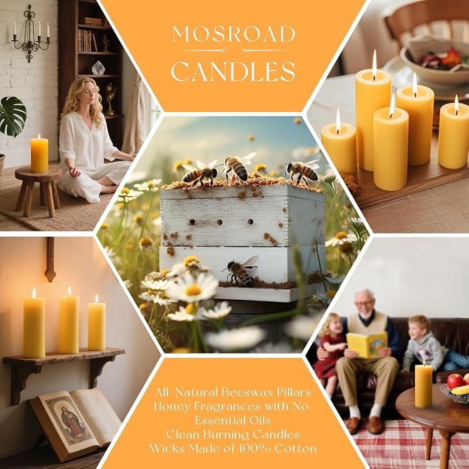 6 Packs 2x5 Inch Beeswax Candles, Natural Beeswax Pillar Candles with 52 Hours Burn Time, Organic Emergency Candle Long Burning for Home Decor, Gift Sending, Smokeless & Dripless