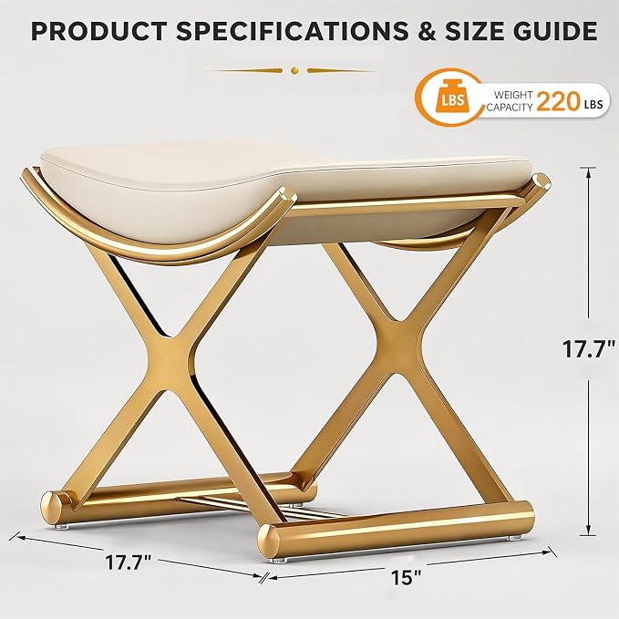 Makeup Vanity Stool Chair, Small Leather Upholstered Ottoman with Cushioned Seat and Metal X-Frame for Vanity Desk, Bathroom, Bedroom and Dressing Room, Gold