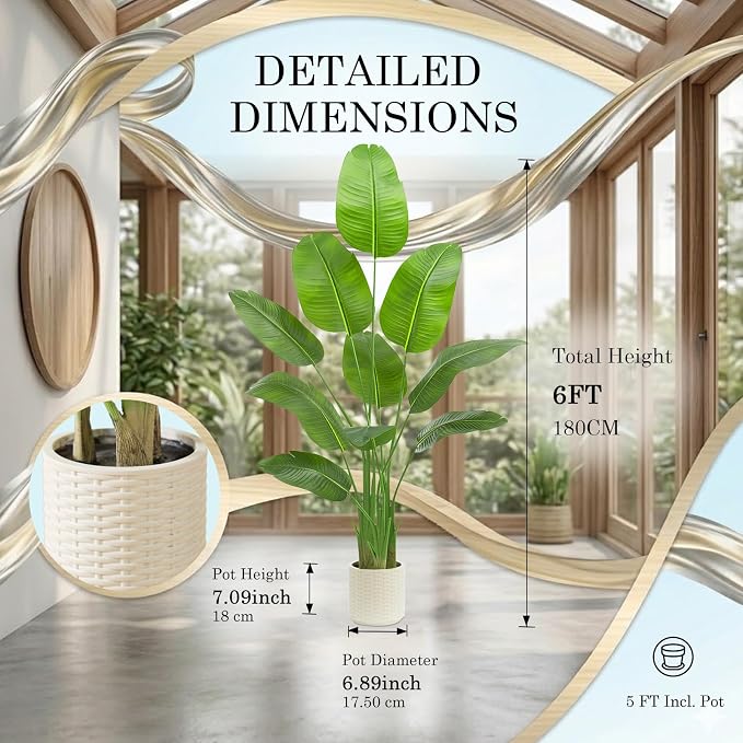 Artificial Bird of Paradise Plant: 6FT Faux Traveler's Palm Fake Banana Tree Elephant Ear Leaf Tall Silk Floor Plant in White Pot for Home Decor Indoor Office Entryway Balcony Patio Cafe Hotel