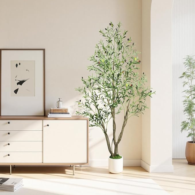 Caxchiling Artificial Olive Tree 6FT, Indoor Outdoor Faux Tree | Natural Trunk with Olive Fruits and Buds in White Planter for Home Office Living Room
