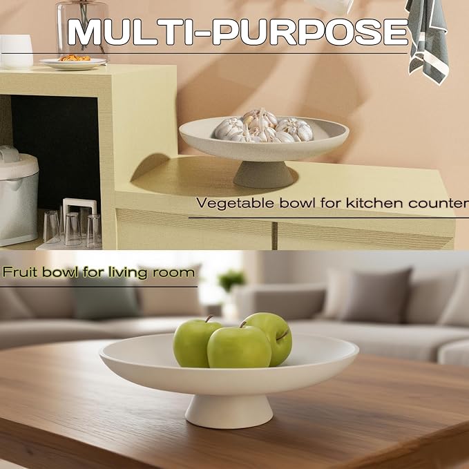 12 Inch Concrete Pedestal Catch All Fruit Key Decorative Bowl Beige | Heavy duty concrete pedestal fruit key bowl with cork base, decor for kitchen counter, entryway & coffee table storage