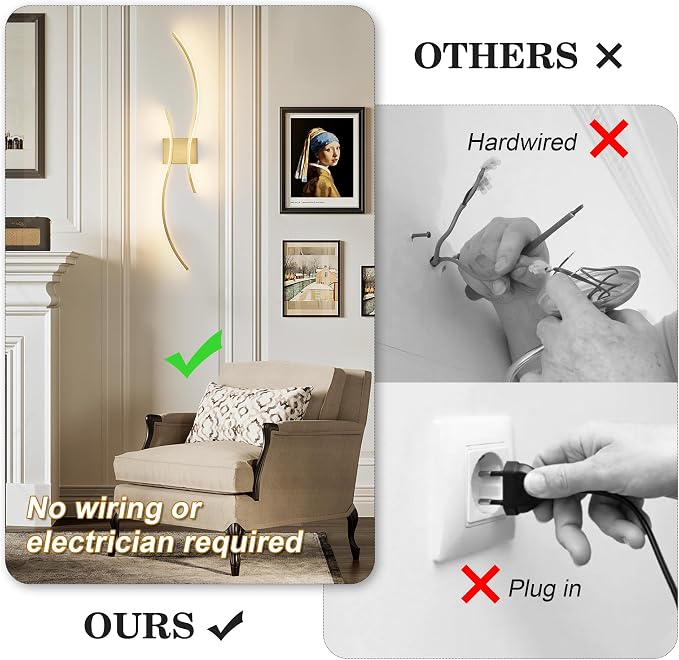 Battery Operated Wall Sconces Set of Two with Remote Control, Battery Wall Light, Stepless Colors 3000K-6000K & Dimming, Brass Rechargeable Wall Sconces for Living Room, Hallway, Bedroom, 39.3 Inch