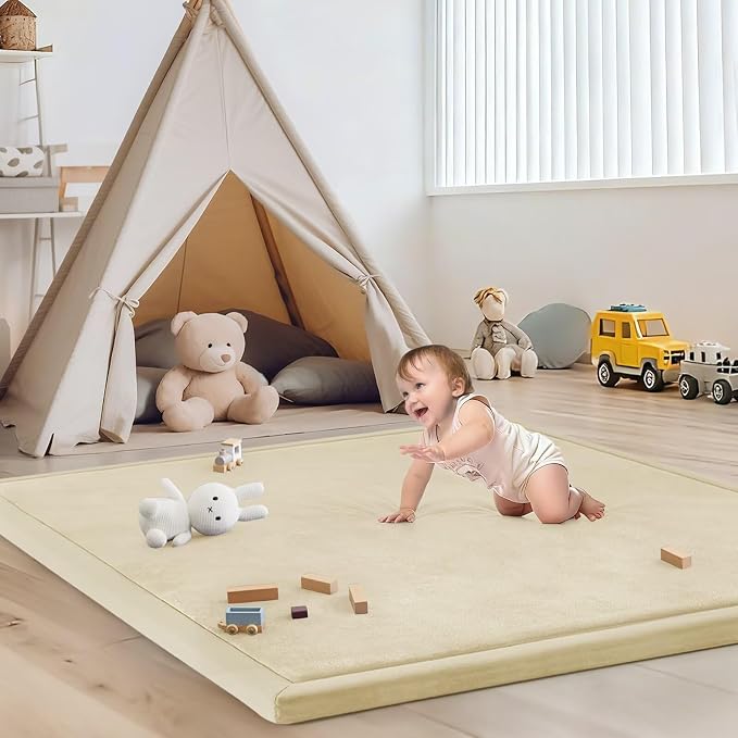 Baby Play Mat for Floor Nursery Rug Muscle Mat Area Rug Playroom Rug 47"x47" Playpen Mat Elastic Foam 1.3" Thick Crawling Mat for Babies,Toddlers, Infants, Kids,Light Beige