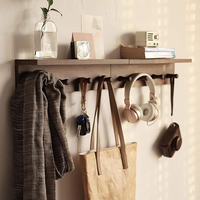 Entryway Coat Rack Hooks with Shelf, Sturdy Wooden Floating WallOrganizer Shelf with 4 Hooks siutable for Entrance, Mudroom, Kitchen, Bathroom,.etc(2pc-Walnut Finish)
