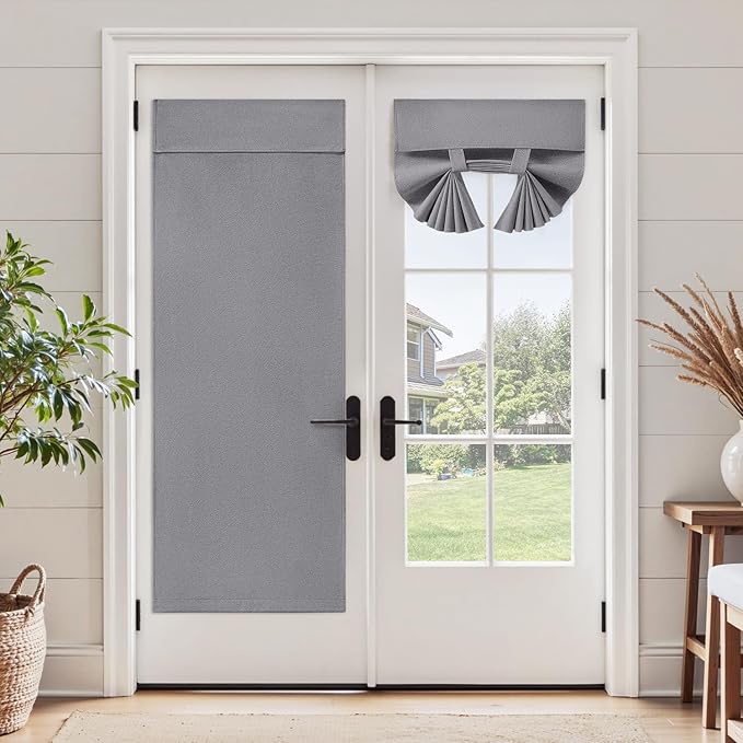 HOMEIDEAS 100% Dark Grey Linen Blackout French Door Curtains, Privacy Door Window Curtains, 26 X 72 Inch Room Darkening Blinds, Thermal Insulated Shades for Bedroom, 1 Panel